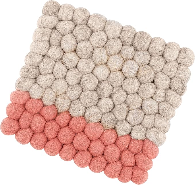 Virgin Wool Trivet Beige/Coral, Square 8"