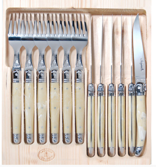 Jean Dubost Laguiole 12pc Steak Knife & Fork Set, Ivory
