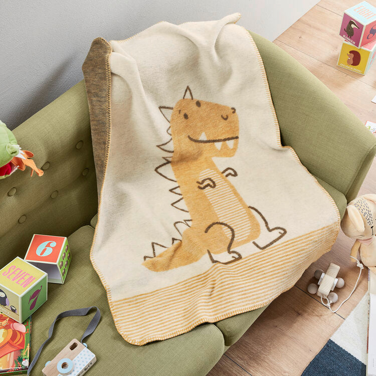 Ibena Kids Blanket - Jacquard Oliver Dino, White/Yellow 75x100