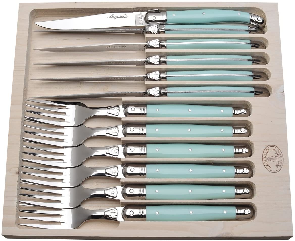 Jean Dubost Laguiole 12pc Steak Knife & Fork Set, Turquoise –