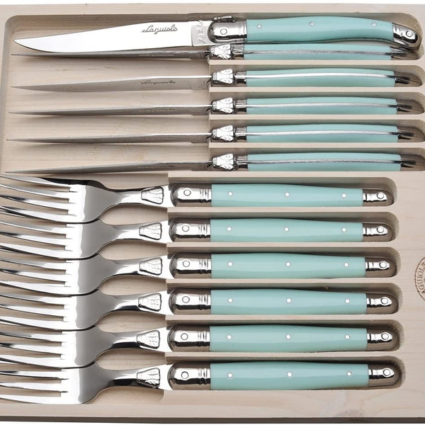 Jean Dubost Laguiole 12pc Steak Knife & Fork Set, Turquoise