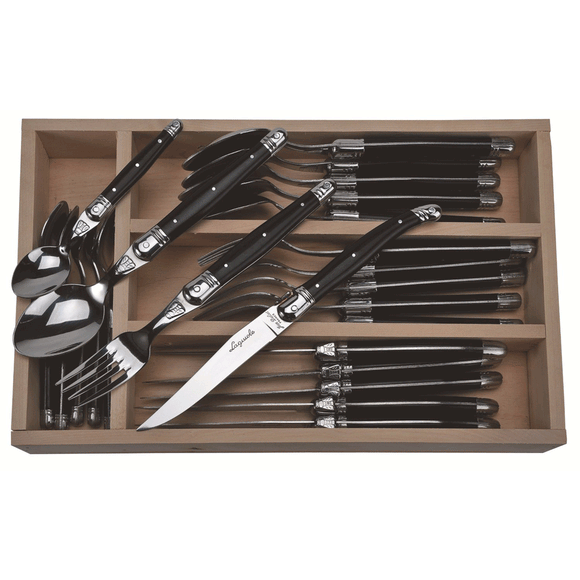 Jean Dubost Laguiole 24pc Flatware Set with tray, Black